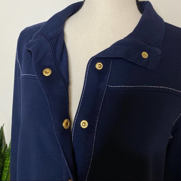Jones New York Blue Cotton Jersey Jacket Nautical Snap Polka Dot Accent Utility - Picture 7 of 9